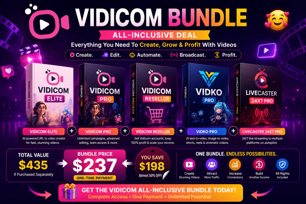 Vidicom Bundle All-Inclusive Deal featuring Vidicom Elite, Vidicom Pro, Vidicom Reseller, Vidko Pro, Livecaster 24x7 Pro, bundle pricing, savings comparison, and complete video marketing suite